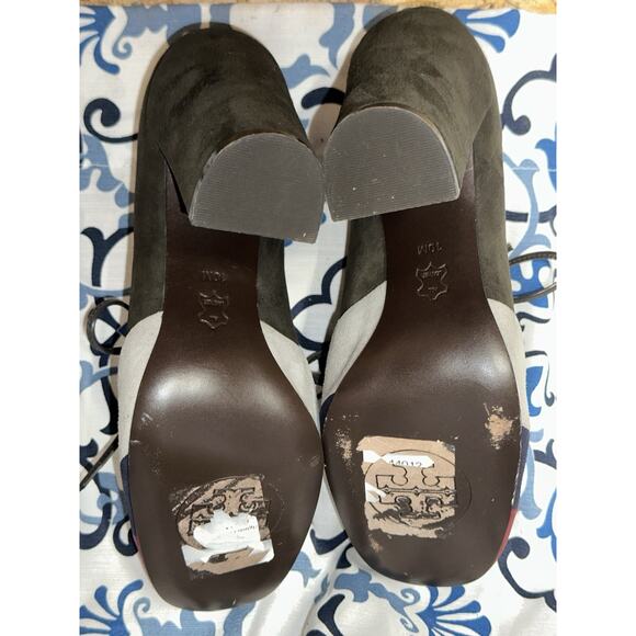 Tory Burch Stella Color-block Oxford Suede Block Heel Black Burgundy & Gray 10 - Picture 5 of 13